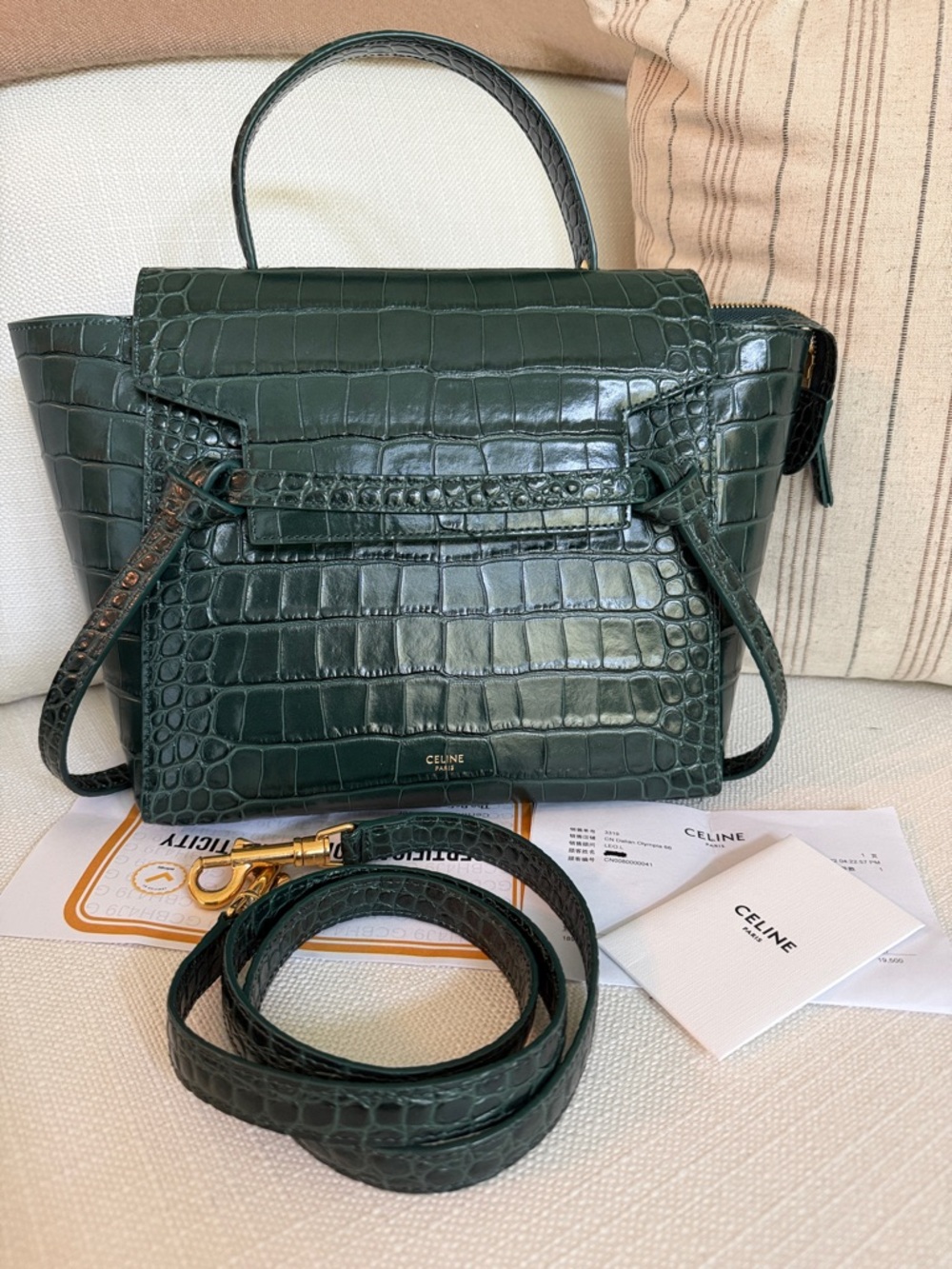 Celine Belt Croc Embossed Leather Crossbody Top Handle Bag NEW